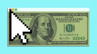 Illustration of a browser window about to be closed by a cursor with a hundred dollar bill in it